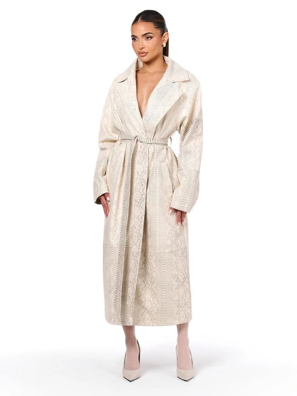 naked wardrobe Snake Cocoon Coat Cream Vegan Leather Trench Sz S $295 NWT